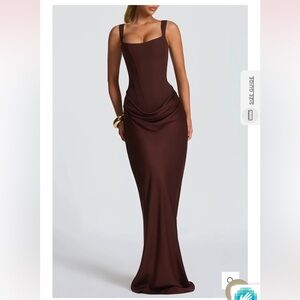 Brown Ruched Corset Maxi Dress Size Small